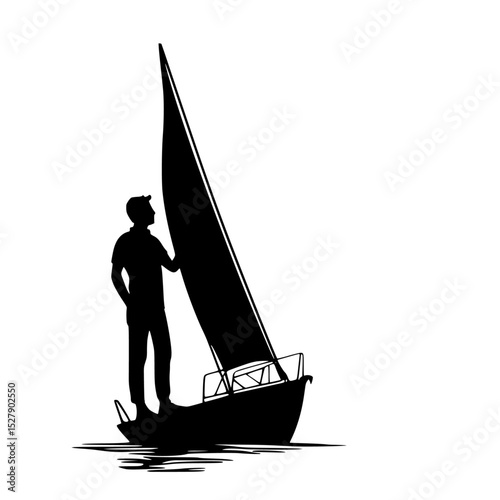 black silhouette of a man standing on a small boat with a sail black, boat, man, sail, sailboat, silhouette, small, stand, water , Generative art.