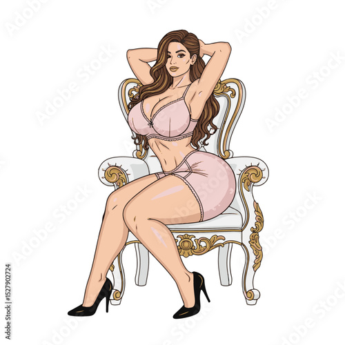 Elegant woman sitting on ornate chair exudes confidence and style in luxurious setting