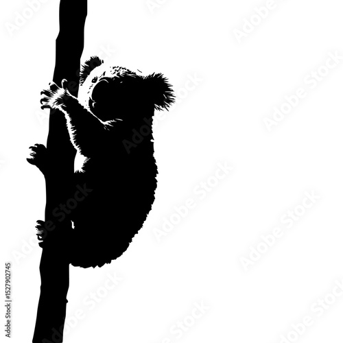 a black and white silhouette of a koala hanging from a branch of a tree animal, black, branch, hang, hang on, hold, koala, silhouette, tree, tree branch , Generative art.