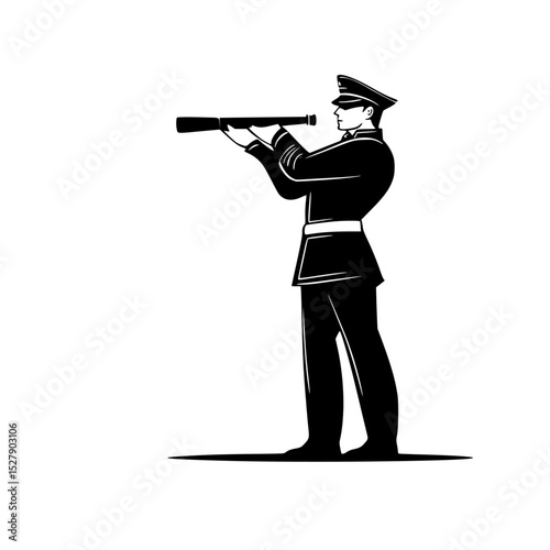 a black and white silhouette of a soldier or sailor holding a telescope in his hand black, hand, hold, illustration, look, man, sailor, silhouette, soldier, telescope, uniform , Generative art.