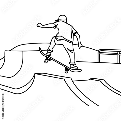 Skateboarder performing trick at skatepark. Person on skateboard doing an ollie over ramp. Extreme sports action shot perfect for magazine, website, or social media.