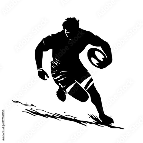 a black silhouette of a rugby player running with a ball ball, black, hold, kick, man, rugby player, run, run with, silhouette , Generative art.