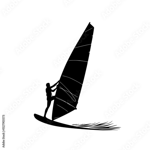 a black silhouette of a person sailing on a wave on the water black, man, person, sail, silhouette, stand, water, wave , Generative art.