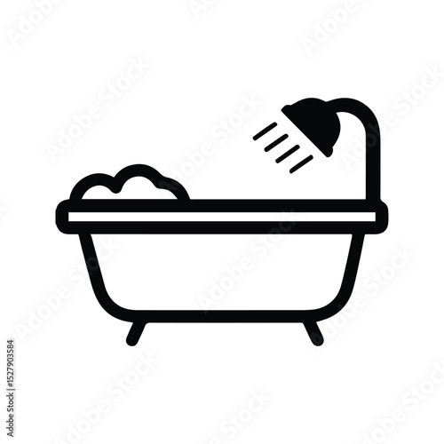 Bathtub Icon. Bathtub Illustration with Soap Foam. Bathtub With Shower Flowing Water.