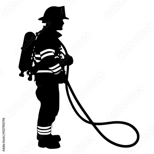 a black silhouette of a fireman with a hose black, firefighter, fireman, hose, silhouette, water , Generative art.
