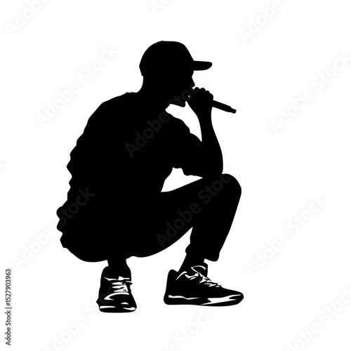 a black silhouette of a man sitting and holding a microphone black, hand, man, microphone, person, silhouette, sit , Generative art.