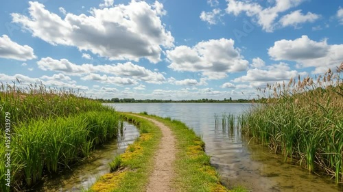 Wallpaper Mural Scenic path leading towards tranquil lake with cloud reflections on a clear day Torontodigital.ca