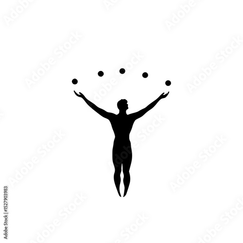 black silhouette of a man throwing balls over his head arm, ball, black, head, man, person, silhouette, stand, throw , Generative art.