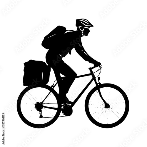 a black silhouette of a man in a helmet riding a bicycle with a backpack and a bag backpack, bag, bicycle, bike, black, cyclist, helmet, man, person, ride, silhouette , Generative art.