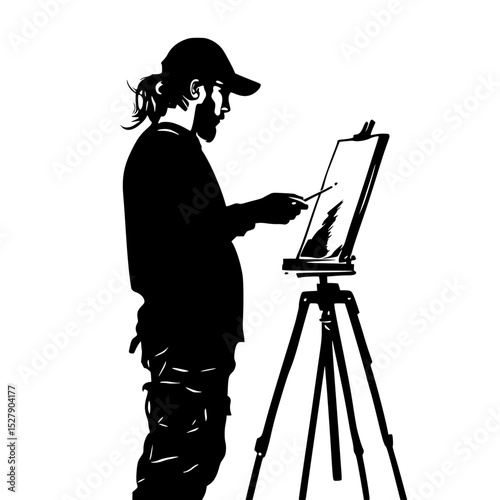 a black and white silhouette of an artist painting a picture on an easel artist, black, canvas, draw, easel, man, paint, person, picture, silhouette , Generative art.