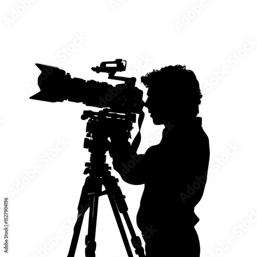 a black and white silhouette of a man with a camera on a tripod black, camera, man, silhouette, telescope, tripod, video camera , Generative art.