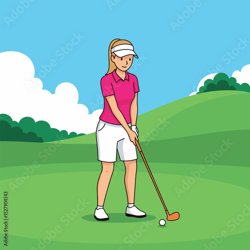 Simple Cartoon Female Golfer on Green