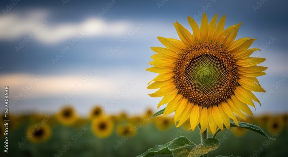 Fototapeta premium Vibrant yellow sunflower standing tall in a vast field under a cloudy sky