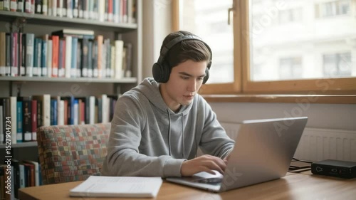 Male student with headphones working on laptop in quiet library	