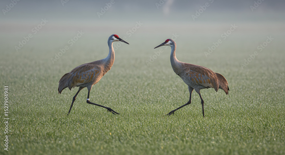 Obraz premium Sandhill Cranes in Misty Morning Field
