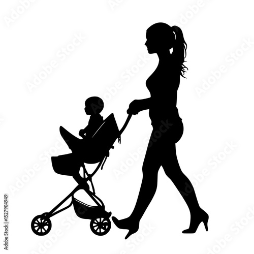 a black silhouette of a pregnant woman pushing a stroller with her baby baby, black, child, mother, pregnant, push, silhouette, stroller, walk, woman , Generative art.