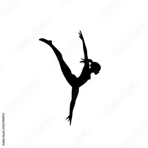 a black silhouette of a young woman doing aerial acrobatics on a white background black, girl, silhouette, woman, young , Generative art.
