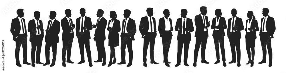 Fototapeta premium Large group of business professionals standing and talking silhouette vector illustration. Includes diverse men and women in formal clothing engaging in conversation.