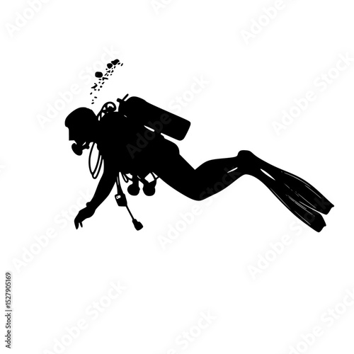 a black and white silhouette of a scuba diver black, diver, scuba diver, silhouette, water , Generative art.
