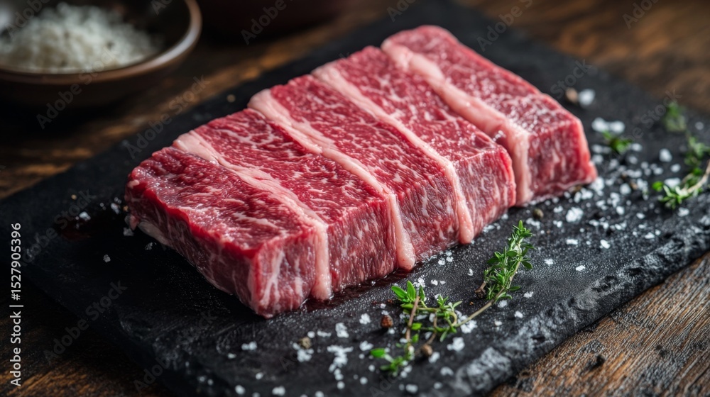 A premium cut of wagyu beef with beautiful marbling, ready for grilling A premium cut of wagyu beef with beautiful marbling, ready for grilling