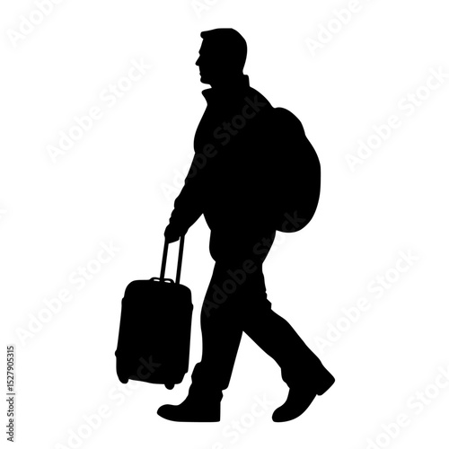 a black silhouette of a man walking with a backpack and suitcase backpack, bag, black, luggage, man, silhouette, suitcase, traveler, walk , Generative art.