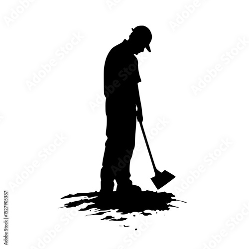 black silhouette of a man working with a shovel on a white background black, gardener, man, shovel, silhouette, work , Generative art.