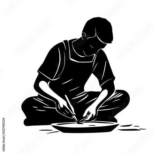 black silhouette of a young man cutting food in a bowl on the floor black, bowl, boy, cut, floor, food, hand, man, person, silhouette, young , Generative art.