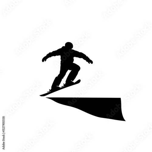 a black and white silhouette of a man riding a skateboard on a ramp black, cliff, jump, man, person, ramp, ride, silhouette, skateboard, skateboarder, snowboarder , Generative art.