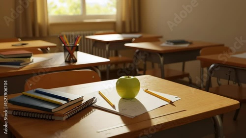 School classroom with wooden desks arranged in rows under warm sunlight. Empty educational environment prepared for students learning activities. Academic concept for educational services