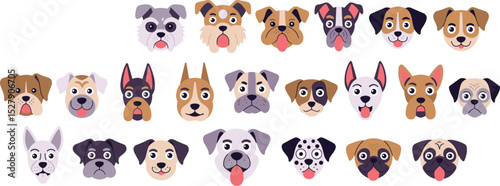 Cartoon dog faces collection, various breeds flat vector illustration, cute pet heads, puppy emotions, animal icons for design, emoji stickers