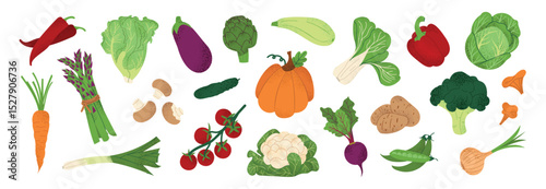 Collection hand drawn fresh vegetables. Big set of healthy and tasty vegan products, wholesome vegetarian food. Flat vector illustration isolated on white background.