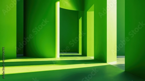 Abstract Green Interior Space with Cylindrical Structures and Natural Light Creating Shadows and Patterns on the Floor