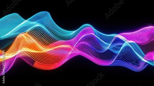Vibrant Abstract Waves of Colorful Light in Motion, Representing Energy, Sound Waves, Digital Art, and Modern Technology, Against a Dark Background