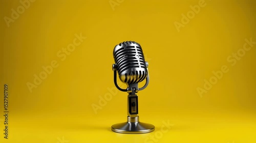 Vintage Microphone on Yellow Background Creating Retro BroadCasting Equipment Setup. Classic Audio Recording Device for Radio Podcast Production. Communication Concept for Media Entertainment