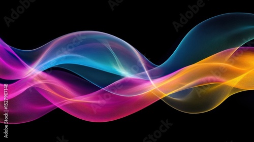 Abstract Colorful Waves on a Black Background Illustrating Flow and Fluidity in Vibrant Pink, Blue, and Yellow Hues