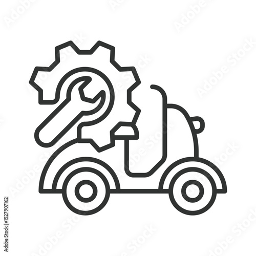 Moped repairing, icon in line design. Moped repairing, moped, repair, mechanic, maintenance, scooter, tools on white background vector. Moped repairing editable stroke icon
