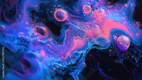 Abstract colorful pattern with vibrant swirls, bubbles, and cosmic textures, showcasing fluid art in blue, pink, purple, and black hues, creating a mesmerizing composition