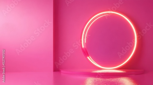 Vibrant Pink Neon Circle in Minimalist Modern Interior with Reflective Surface and Soft Lighting