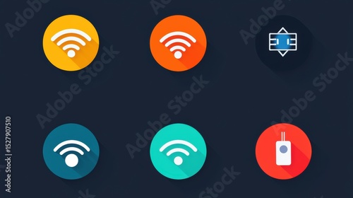 Collection of Colorful Wireless Connectivity Icons Featuring Wi-Fi Signals and Electronics on Dark Background for Digital Design and Communication