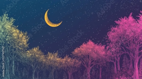 Moonlit Night Scene with Colorful Trees and Starry Sky in a Dreamlike Landscape Illustration