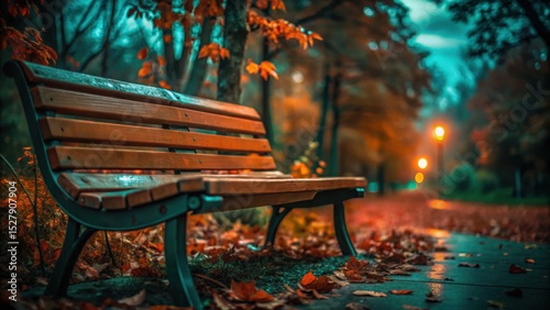 Wooden Bench in Autumn Park Under Overcast Sky with Fallen Leaves