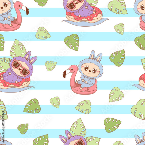 Seamless pattern Cute Monster Toy on pink flamingo and donut pool with tropical leaves on striped background. Funny Beach summer kawaii character. Vector illustration. Kids collection