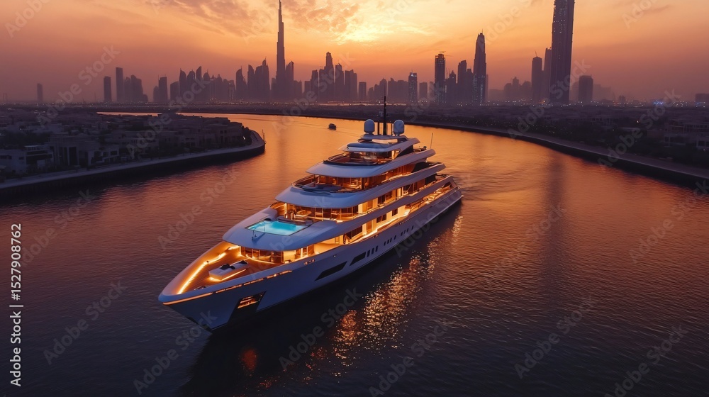 Naklejka premium Big luxury yacht at sunset