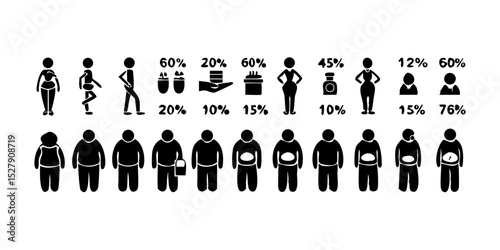 People Body with Different Weights – Line Icon Set Representing Body Types and Health Diversity

