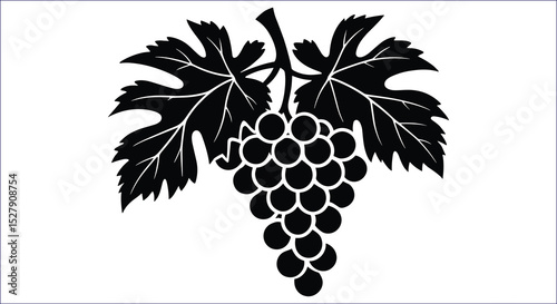 Black And White Grape Bunch With Leaves Simple Vector Illustration