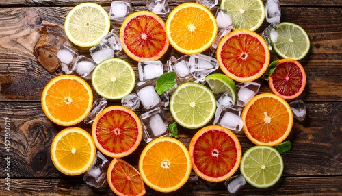 Vibrant citrus slices floating in sparkling mineral water, lemon, lime and blood orange glimmer beneath ice cubes on a rustic wooden surface