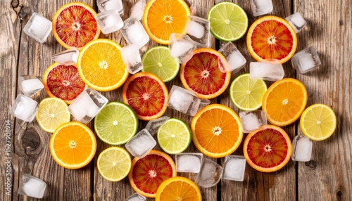 Vibrant citrus slices floating in sparkling mineral water, lemon, lime and blood orange glimmer beneath ice cubes on a rustic wooden surface