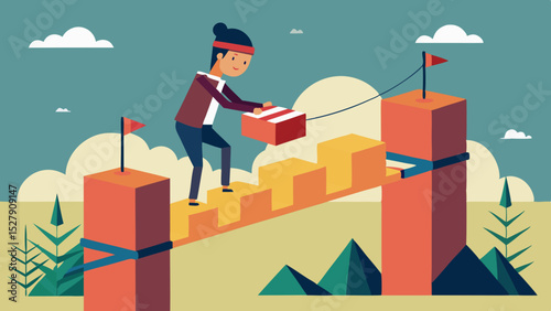Bridge over obstacles – illustration of a person crossing challenges 