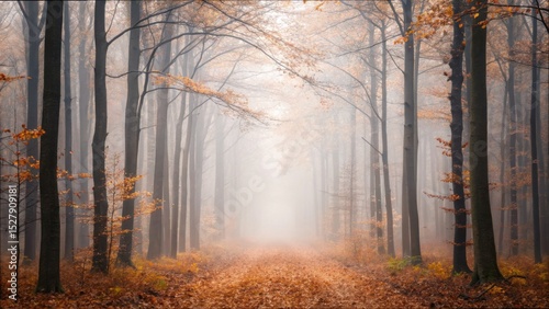 Tranquil Autumn Forest Transitioning Into a Foggy Winter Atmosphere