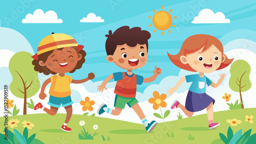 Kids Running and Enjoying Summer – Fun and Freedom Outdoor Illustration

